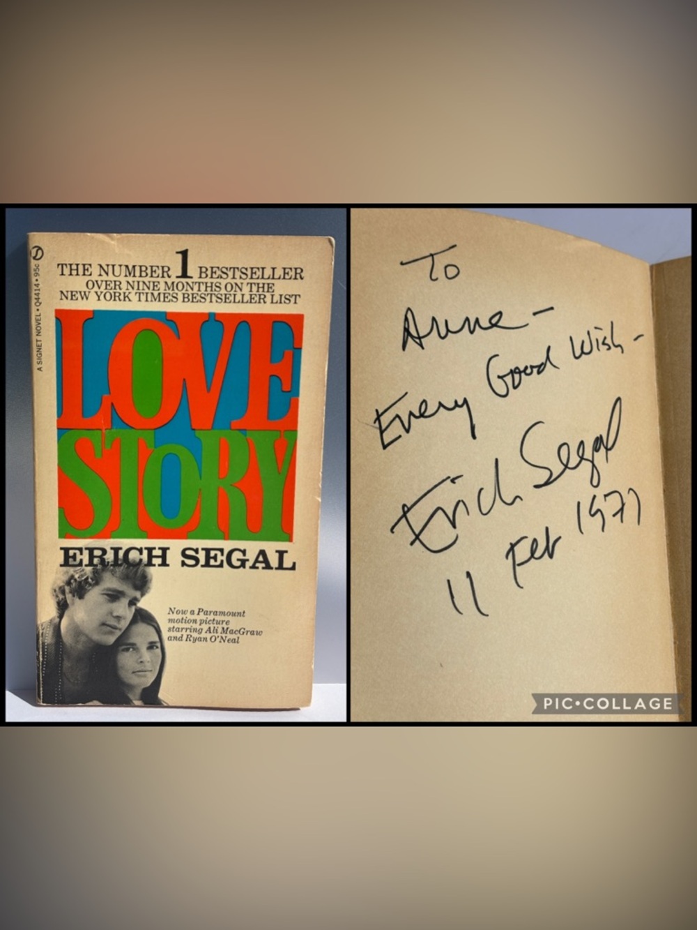Signed Love Story Erich Segal Paperback Inscribed Early Edition Vintage